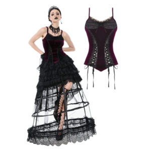 TW643 - Burgundy velvet top with ribbon bow and lace-up sides