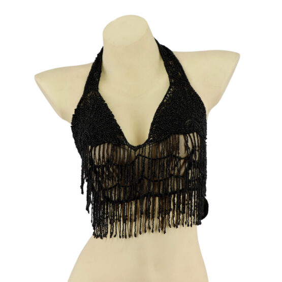 2124 - Glass Beaded Belt -  Black w/  fringes - Image 2