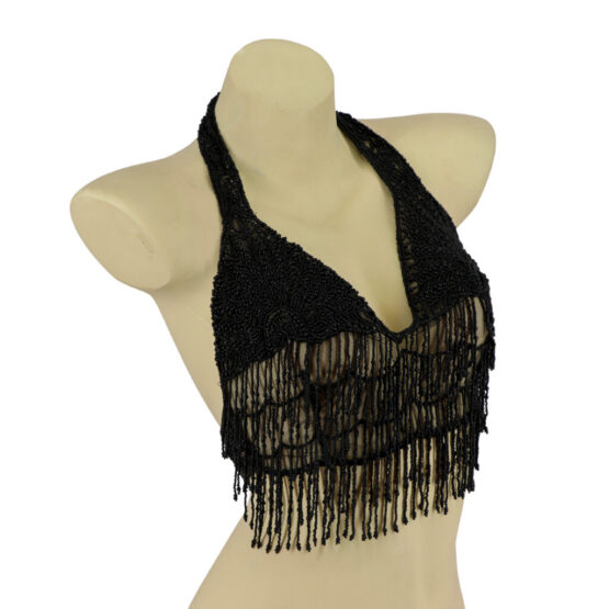 2124 - Glass Beaded Belt -  Black w/  fringes