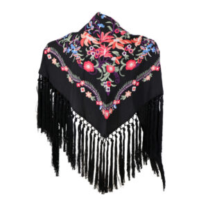 8272 - Embroidered Triangle Flamenco Shawl with Floral Pattern and Fringe Trim