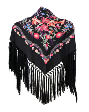 8272 - Embroidered Triangle Flamenco Shawl with Floral Pattern and Fringe Trim
