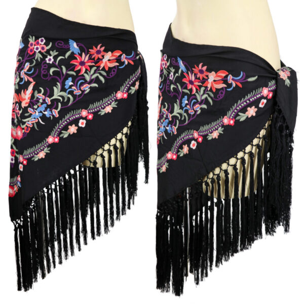 8272 - Embroidered Triangle Flamenco Shawl with Floral Pattern and Fringe Trim - Image 2