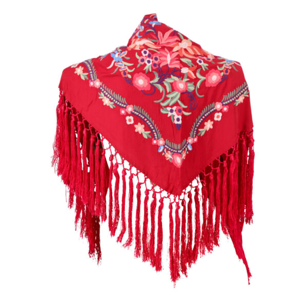 8272 - Embroidered Triangle Flamenco Shawl with Floral Pattern and Fringe Trim - Image 3