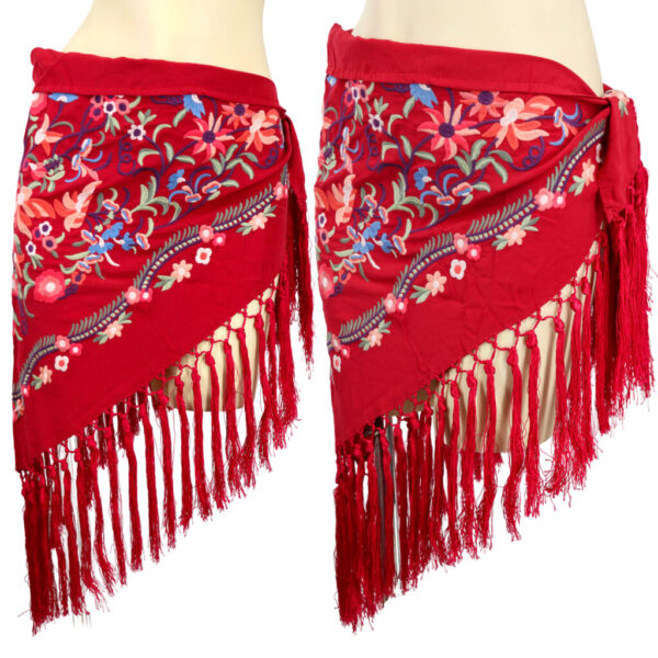 8272 - Embroidered Triangle Flamenco Shawl with Floral Pattern and Fringe Trim - Image 4
