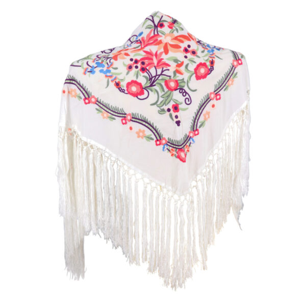 8272 - Embroidered Triangle Flamenco Shawl with Floral Pattern and Fringe Trim - Image 5