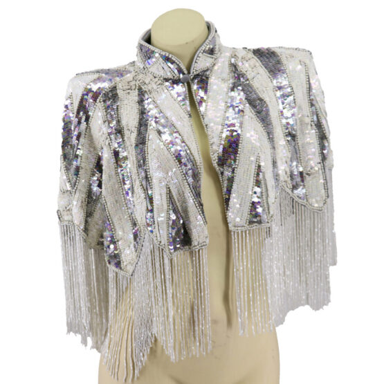 8868 - Beaded Scarf w/collar Whie AB beads w Fringes on white - Image 3