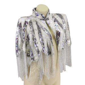 8868 - Beaded Scarf w/collar Whie AB beads w Fringes on white