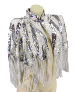 8868 - Beaded Scarf w/collar Whie AB beads w Fringes on white