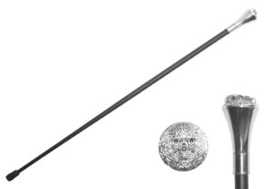T281803SL - 35.5" Zinc Metal Handle Walking Cane - Silver Skull, silver eyes