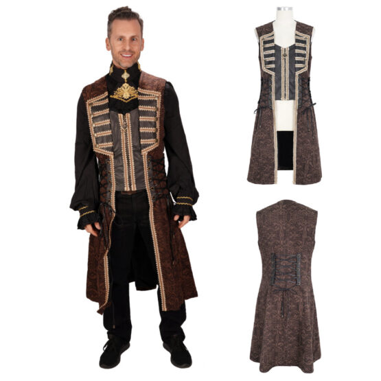 WT084 - Damask male long pirate waistcoat with gold trimming