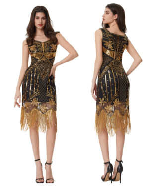 2515 - Retro Vintage deco dress-Gold/Black-2XL