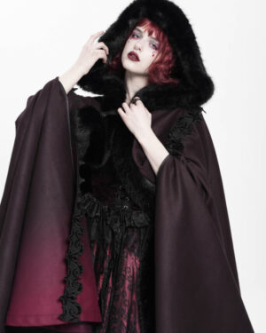 CA048 - Gothic gradient hooded cloak with fur trim-Black/Red