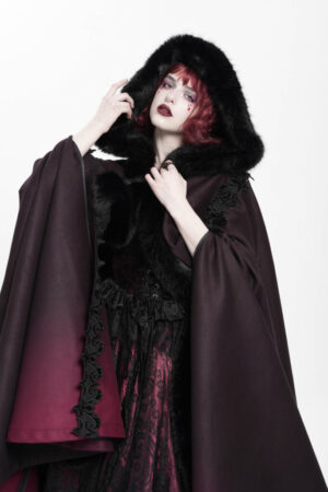 CA048 - Gothic gradient hooded cloak with fur trim-Black/Red