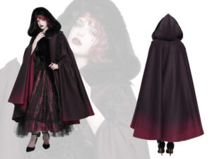 CA048 - Gothic gradient hooded cloak with fur trim-Black/Red