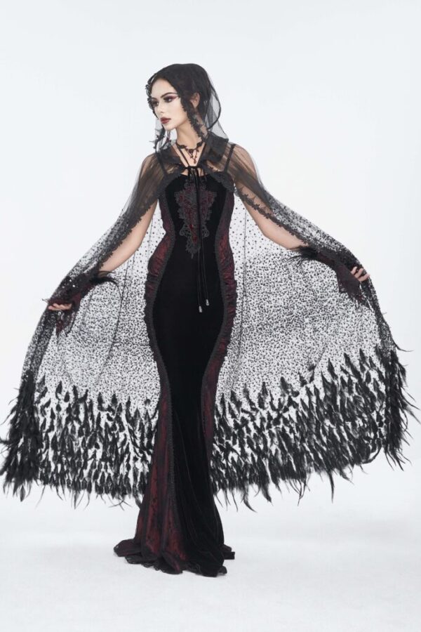 ECA016 - sheer beaded long cloak with feather trim - Image 3