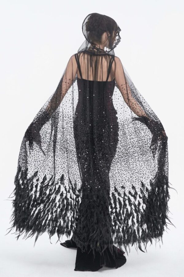 ECA016 - sheer beaded long cloak with feather trim - Image 2
