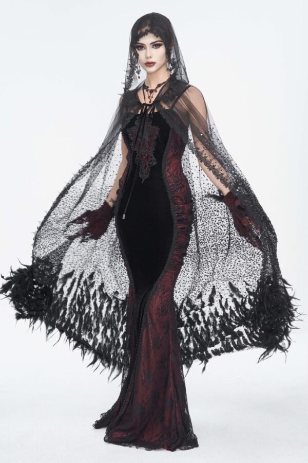 ECA016 - sheer beaded long cloak with feather trim - Image 4