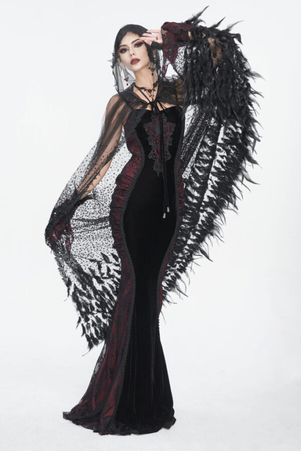 ECA016 - sheer beaded long cloak with feather trim - Image 5
