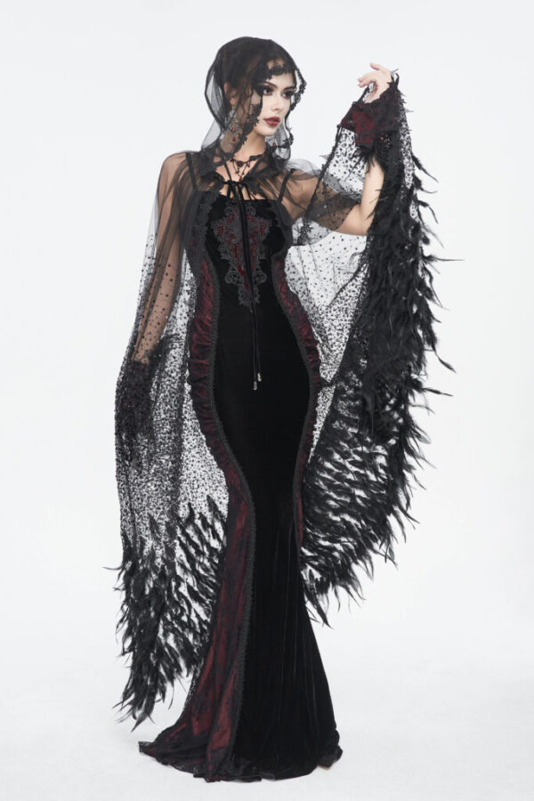 ECA016 - sheer beaded long cloak with feather trim - Image 6