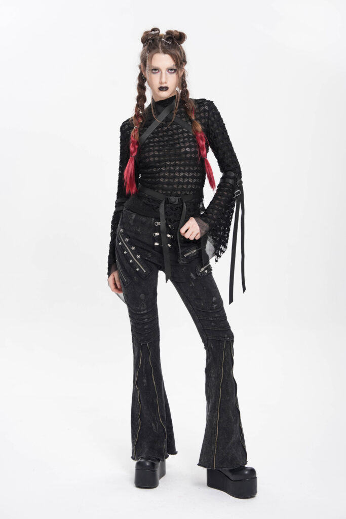PT281 - Distressed Black denim flare jeans with zipper and studs - Image 8