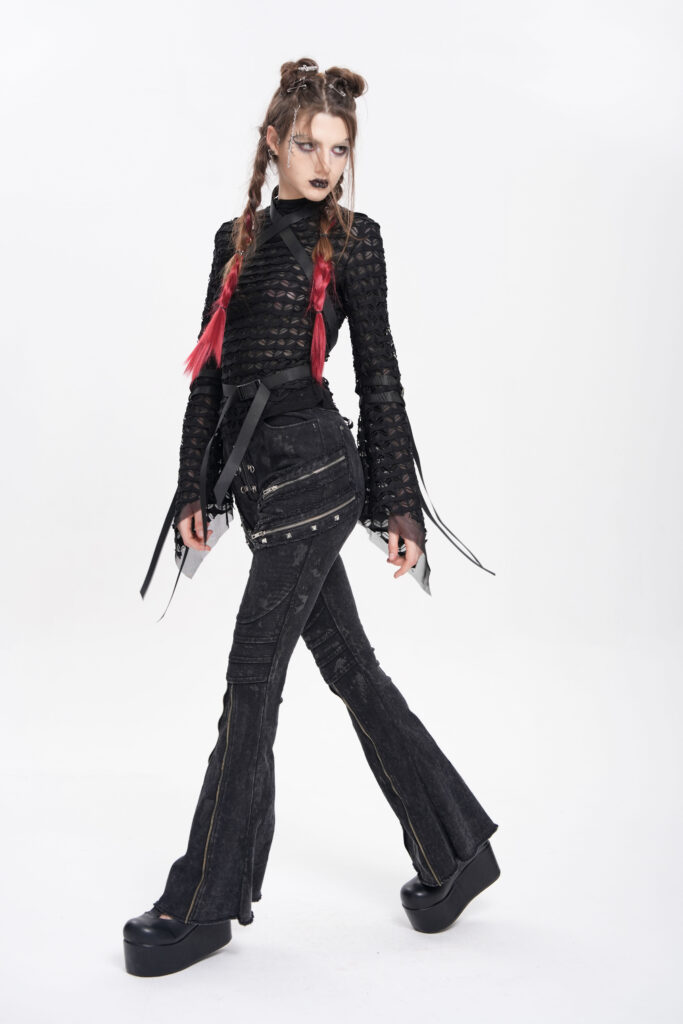 PT281 - Distressed Black denim flare jeans with zipper and studs - Image 9