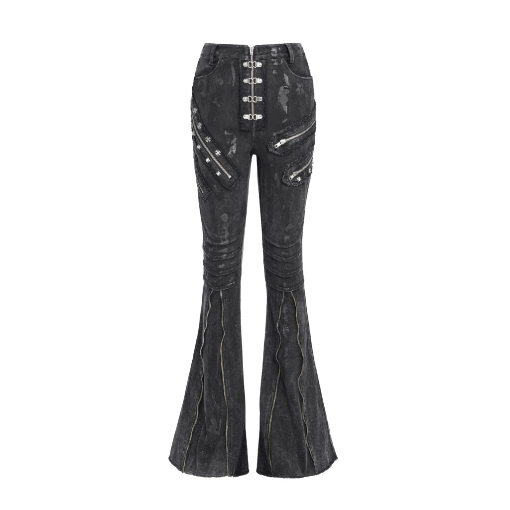 PT281 - Distressed Black denim flare jeans with zipper and studs - Image 7