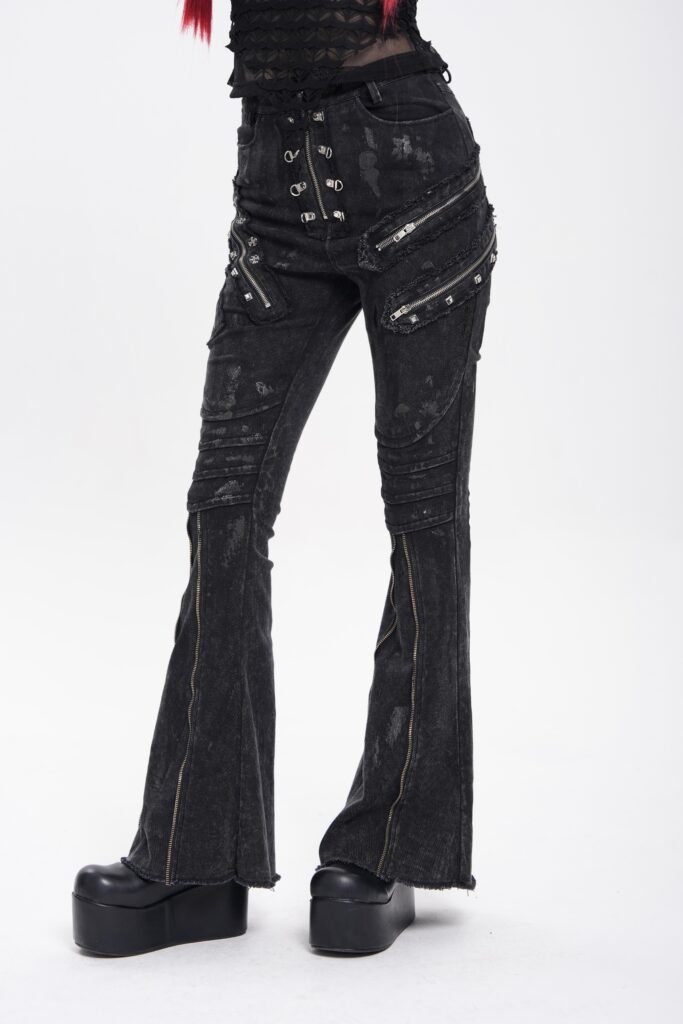 PT281 - Distressed Black denim flare jeans with zipper and studs - Image 4