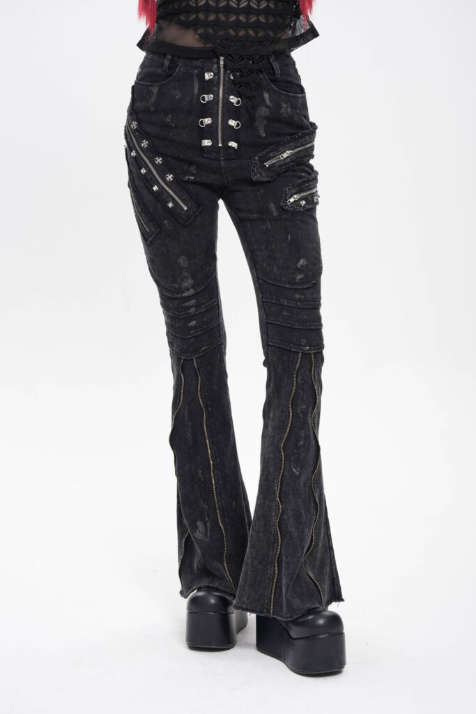 PT281 - Distressed Black denim flare jeans with zipper and studs - Image 5