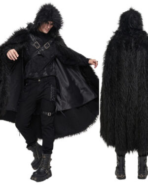 CA032 - Gothic Black Fur Long Hooded Cape