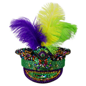 69599 - Mardi Gras all over gemstones police hat with detachable feathers