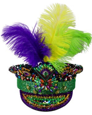 69599 - Mardi Gras all over gemstones police hat with detachable feathers
