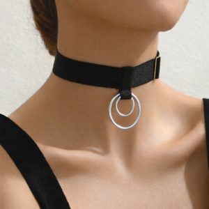 14460 - Black Choker with Silver Double Circle Pendant