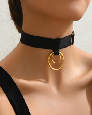 14460 - Black Choker with Gold Double Circle Pendant