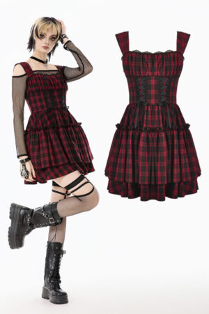 DW1118 - Red/Black Plaid Layered Cake Dress
