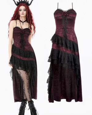 DW1142 - Red Rose Asymmetric Layered Lace Ruffle Dress-L