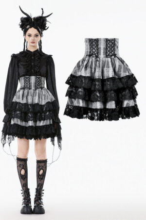 KW414 - Black and White Lolita High Waist Tiered Skirt-L