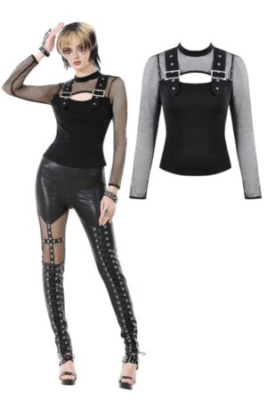 TW665 - Punk Knitted Top with Mesh Overlay