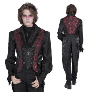 WT095 - Rose print jacquard tailcoat vest-Black/Red