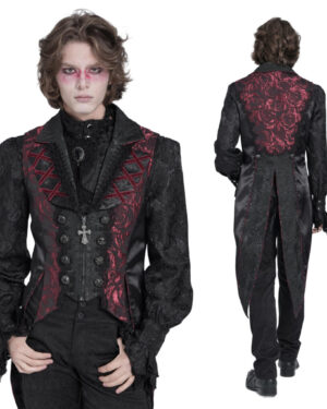 WT095 - Rose print jacquard tailcoat vest-Black/Red