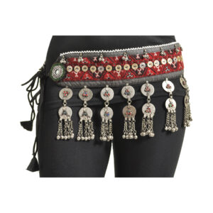 1967 - Belt - Afghan - Embroidered Tribal Belt with flat coins with 3 gems in center with chain dangles and bells
