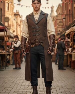 200123 - Men's Gothic Steampunk Long Vest with Cracked Leather Texture