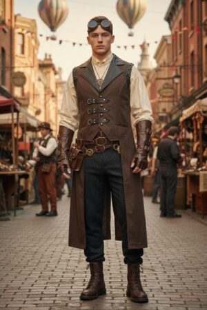 200123 - Men's Gothic Steampunk Long Vest with Cracked Leather Texture