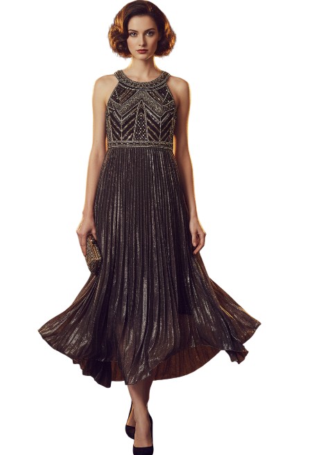 2509 - Beaded halter neck flapper dress with asymmetric hem-Black/Gold