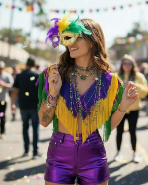 8854 - Mardi Gras 3 layer fringe shawl-Purple/Gold/Green