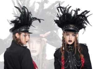 AS256 - Feathered Black Leather Hat with Chain Tassels