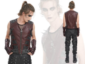 WT08602 - Steampunk pleather 2 tone vest with spikes-Red/Black
